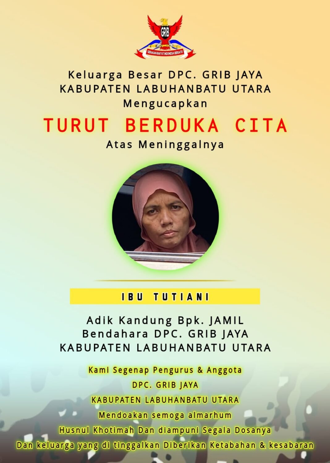 “Innalilahi wa innailihi roji’un: Ibu Tutiani, Adik Bendahara DPC GRIB JAYA LABURA, Meninggal Dunia” “Innalilahi wa innailihi roji’un: Ibu Tutiani, Adik Bendahara DPC GRIB JAYA LABURA, Meninggal Dunia”